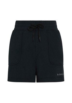 Pantaloni corti neri in tessuto morbido, dotati di una cintura elastica con cordoncino, due tasche laterali e un discreto logo su una gamba.