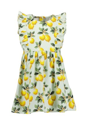 Abito senza maniche per bambini con spalline arricciate, a righe verde chiaro, e un motivo di limoni gialli e foglie verdi in tutto l'abito.