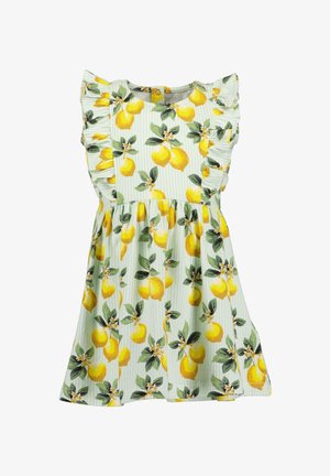 Mouwloze kinderjurk met gerimpelde schouders, lichtgroene strepen en een patroon van gele citroenen en groene bladeren.