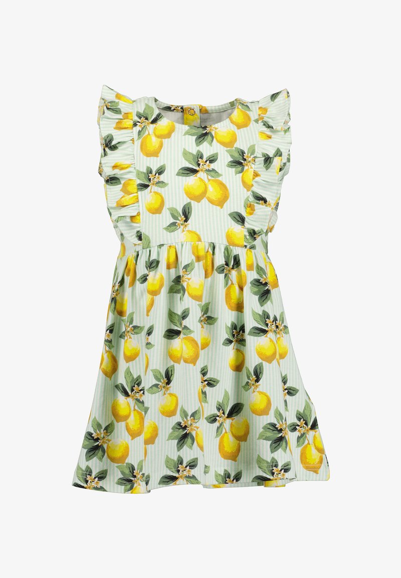 Dziecięca sukienka bez rękawów z falbaniastymi ramionami, w jasne zielone paski, z wzorem w żółte cytryny i zielone liście.