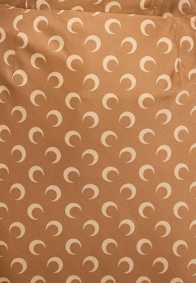 Brown textile featuring a repeated crescent moon pattern in a lighter shade. Smooth texture with subtle sheen and fine stitching detail.