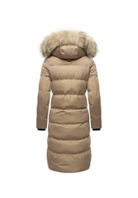 Beige Daunenjacke mit einem mit Pelz besetzten Kapuzenrand, gestepptem Muster, langen Ärmeln und elastischen Bündchen. Glattes Material mit einem subtilen Glanz.