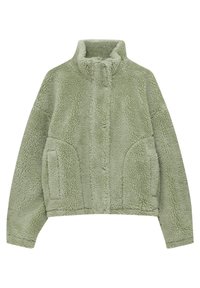 Lys grøn fleecejakke med høj krave, forlommer og blødt, tekstureret stof. Har en afslappet pasform og trykknaplukning.