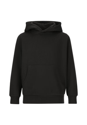 Schwarzer Hoodie aus weichem Stoff, mit einer Fronttasche, einer Kordelzugkapuze und gerippten Bündchen. Einfaches Design ohne sichtbare Markenkennzeichnung.