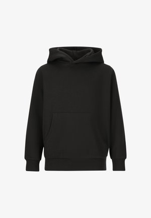 Zwarte hoodie gemaakt van zachte stof, met een voorzak, een trekkoordkap en ribgebreide manchetten. Eenvoudig ontwerp zonder zichtbare branding.