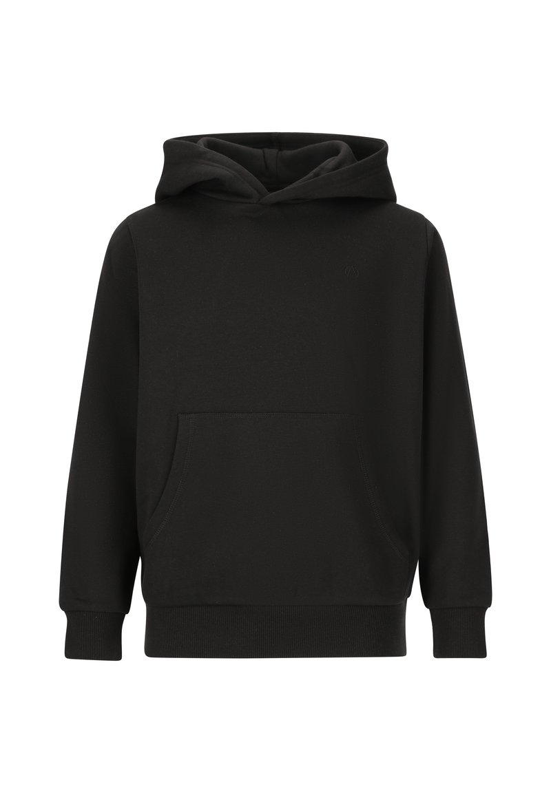 Mustapaita pehmeästä kankaasta, jossa on etutasku, nyörisetä ja ribbattuja hihansuita. Yksinkertainen muotoilu ilman näkyvää brändäystä.