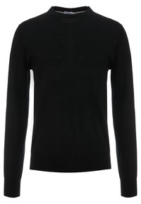 Svart tröja i fint stickat material, med rund hals och långa ärmar, med en enkel design utan synliga mönster eller detaljer.