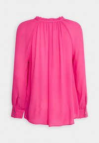 Blusa fucsia a maniche lunghe con scollatura arricciata e dettaglio arricciato sul retro. Tessuto morbido e leggero con polsini abbottonati.