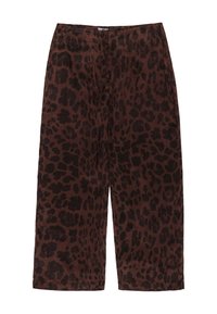 Hnedé nohavice s čiernym leopardím vzorom. Uvoľnený strih, široké nohy, stredná výška pásu, vyrobené z mäkkej tkaniny. Viditeľné švy na leme.