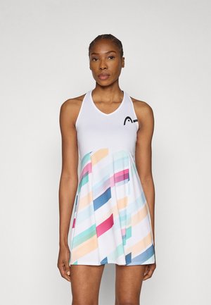 Weißes ärmelloses Kleid mit einem bunten diagonalen Streifenmuster in Pastellfarben, mit rundem Ausschnitt und Logodetail auf der Brust.