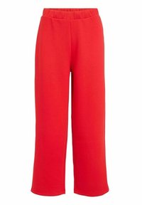 Rode, losse sweatpants van zacht materiaal, met een elastische tailleband en een rechte pijpconstructie, zonder zichtbare zakken of patronen.