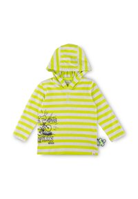 Gelb und grau gestreifter langärmliger Hoodie mit Kängurutasche, der ein Cartoon-Fahrraddesign und ein kleines Etikett an der Seite aufweist.