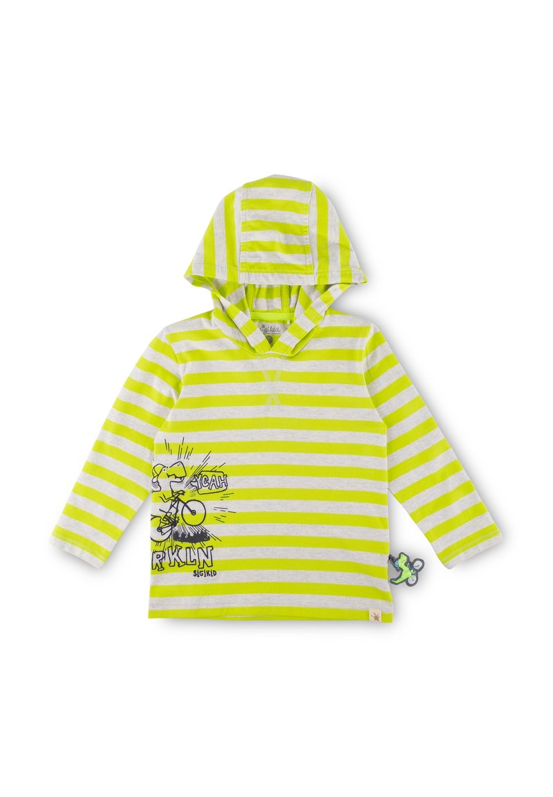 Gelb und grau gestreifter langärmliger Hoodie mit Kängurutasche, der ein Cartoon-Fahrraddesign und ein kleines Etikett an der Seite aufweist.