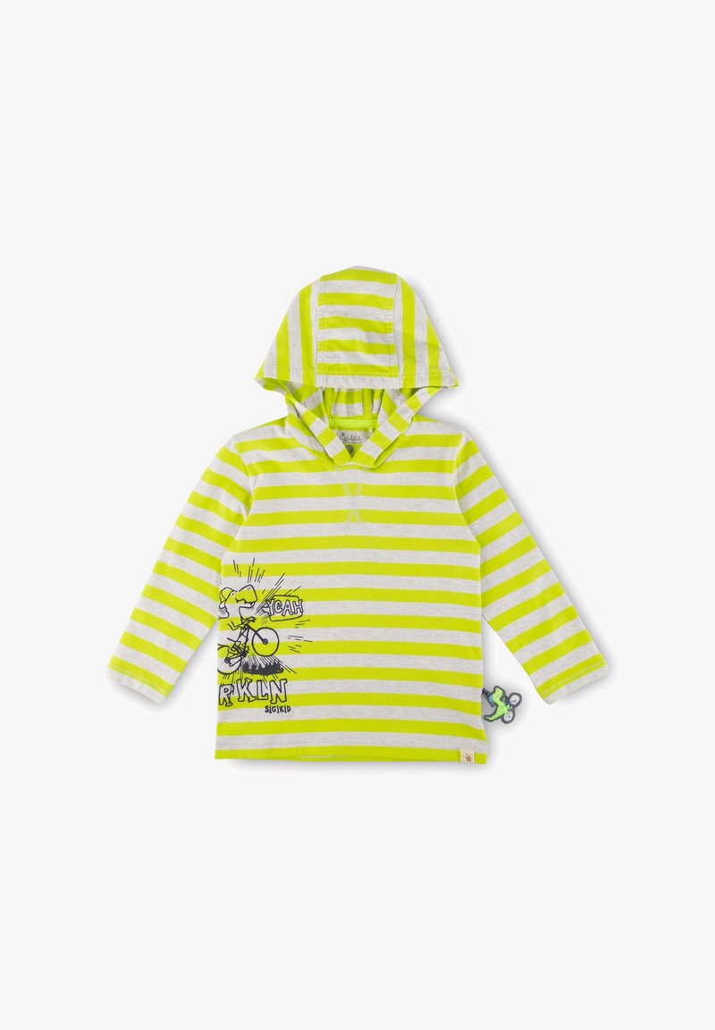 Gelb und grau gestreifter langärmliger Hoodie mit Kängurutasche, der ein Cartoon-Fahrraddesign und ein kleines Etikett an der Seite aufweist.