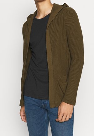 Mand iført olivengrøn strikket hættetrøje over sort t-shirt og blå jeans, stående med højre hånd nær lommen.