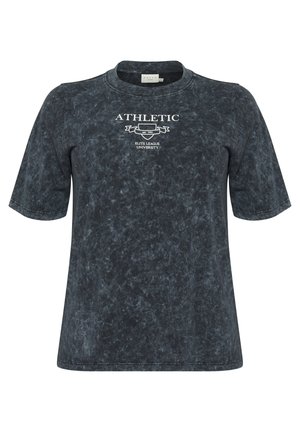 Granatowa, krótki rękaw T-shirt wykonany z miękkiej tkaniny o wyblakłej fakturze. Na froncie widnieją napisy "ATHLETIC" i "ELITE LEAGUE UNIVERSITY" w kolorze białym.