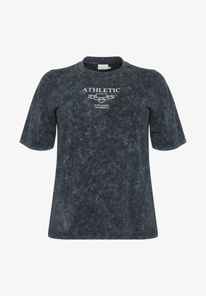 T-shirt bleu foncé à manches courtes en tissu doux avec une texture légèrement décolorée. Présente les inscriptions "ATHLETIC" et "ELITE LEAGUE UNIVERSITY" imprimées en blanc.