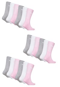 Sockenpackung mit drei Farben: Pink, Grau und Weiß. Jedes Paar hat eine gerippte Textur mit einem Logo in der oberen Partie.