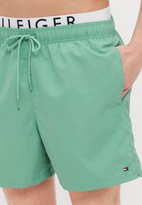 Shorts de bain vert clair avec un cordon de serrage à la taille, des poches latérales et un petit patch logo en rouge, blanc et bleu sur l'ourlet.