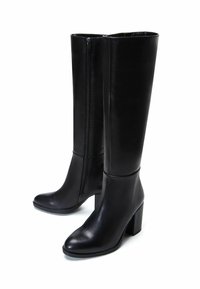 Black leather knee-high boots with a chunky heel, featuring a side zipper, smooth texture, and rounded toe design.