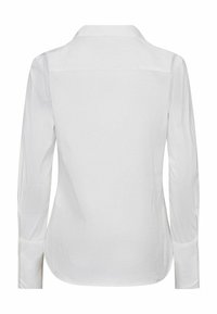 Witte langemouwen shirt van gladde stof met een klassieke kraag, rechte snit en met knopen gesloten manchetten met geplooid detail.