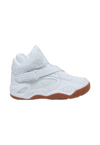 Hvite high-top sneakers i skinn, med perforerte detaljer, stropp over vristen, og en yttersåle i gummi.