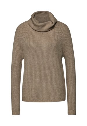 Pull à col bénitier couleur khaki, fabriqué en tissu tricot épais, avec des manches raglan longues et un ourlet côtelé. Le matériau texturé présente un motif subtil.