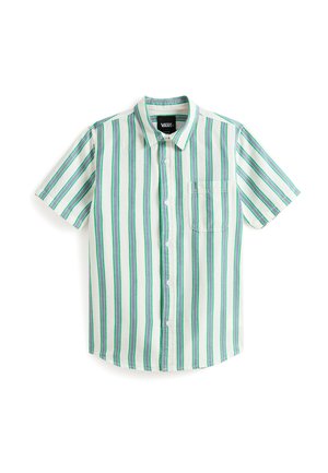 Kurzärmeliges Hemd mit Knopfleiste in Hellgrün und Weiß mit vertikalen Streifen. Mit Brusttasche und klassischem Kragen. Aus Baumwollmaterial.