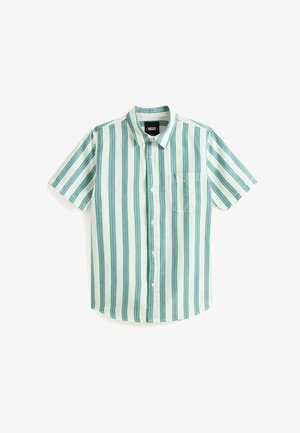 Camicia a maniche corte con bottoni in verde chiaro e bianco con righe verticali. Presenta una tasca sul petto e un colletto classico. Materiale in cotone.