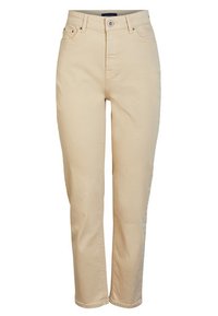 Pantalones de tiro alto beige con un corte recto, hechos de algodón. Cuentan con bolsillos frontales y una cremallera con cierre de botón.