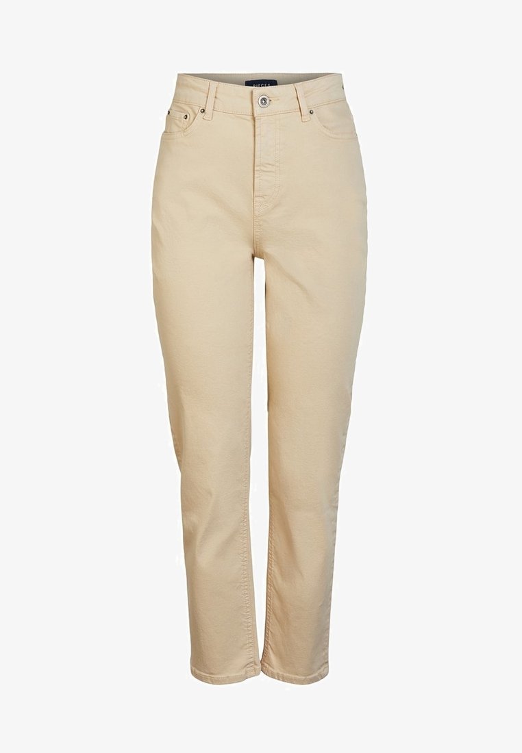 Pantalones de tiro alto beige con un corte recto, hechos de algodón. Cuentan con bolsillos frontales y una cremallera con cierre de botón.