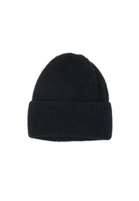 Black ribbed knit beanie hat with a folded cuff. Made from soft material, featuring vertical texture throughout. Classic design for warmth.