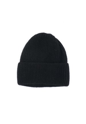 Black ribbed knit beanie hat with a folded cuff. Made from soft material, featuring vertical texture throughout. Classic design for warmth.