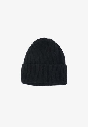 Black ribbed knit beanie hat with a folded cuff. Made from soft material, featuring vertical texture throughout. Classic design for warmth.