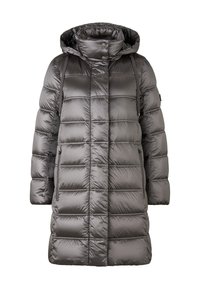 Padded szara parka z kapturem, z pikowanym wzorem, zamykanymi na zamek kieszeniami bocznymi oraz błyszczącą, gładką teksturą.