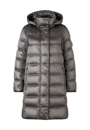 Parka grise rembourrée avec une capuche, présentant un design matelassé, des poches latérales zippées et une texture lisse et brillante.