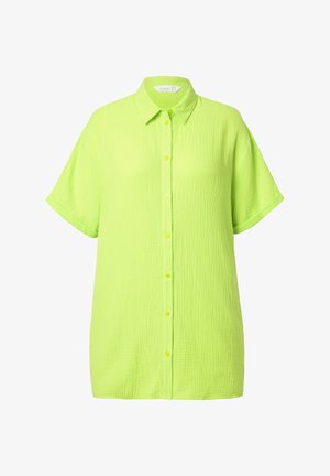 Lyhythihainen nappipaita kirkkaan limevihreänä, valmistettu teksturoidusta kankaasta, jossa on klassinen kaulus ja keltaiset napit edessä.