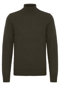 Pulover turtleneck de culoare verde închis, realizat din material tricotat, cu mâneci lungi și tivuri și manșete cu bisturiu pentru textură și potrivire.