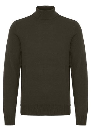 Sötétzöld garbó pulóver kötött anyagból, hosszú ujjaival és bordás ujjakra és aljára tervezett, hogy textúrát és jó illeszkedést biztosítson.