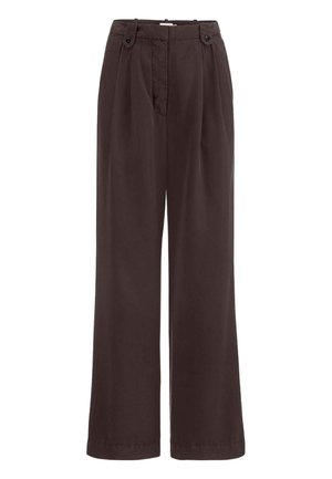 Dunkelbraune, weit geschnittene Hose mit hohem Bund, vorderen Biesen und seitlichen, mit Knöpfen verstellbaren Laschen am Bund.