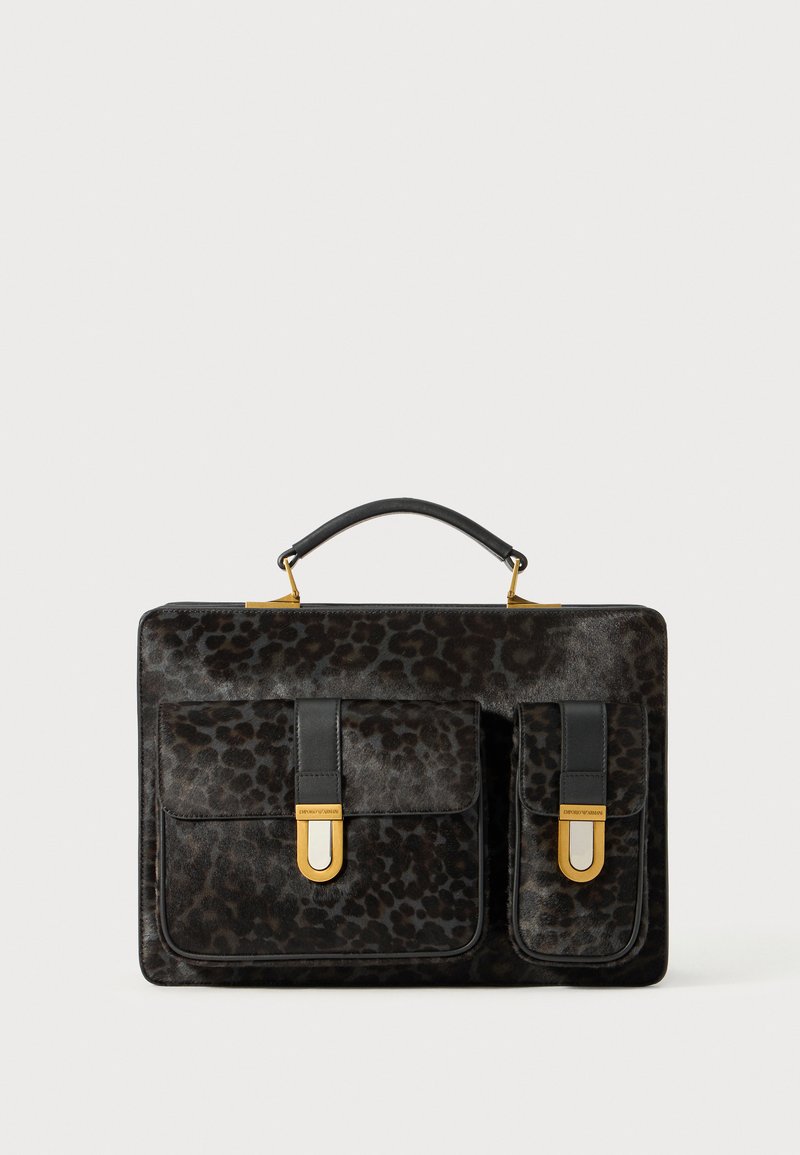 Black leopard print satchel in textured material, featuring gold accents, two front pockets, and a sturdy top handle for easy carrying.