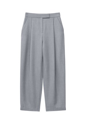 Gray trousers with a tailored design, featuring pleats, side pockets, and a straight leg cut. Smooth texture and mid-rise waistband.