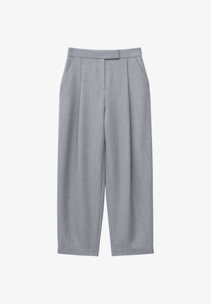 Gray trousers with a tailored design, featuring pleats, side pockets, and a straight leg cut. Smooth texture and mid-rise waistband.