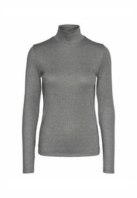 Haut à manches longues en col roulé gris métallique avec une texture côtelée. Design ajusté, finition lisse, sans matériel ou accents visibles.