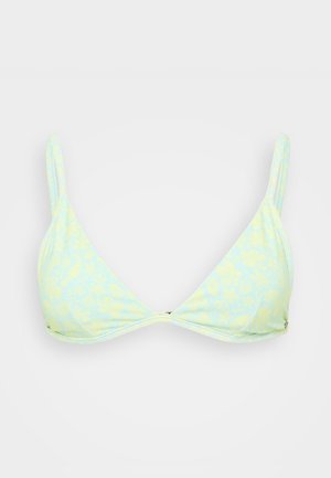 Haut de bikini triangle jaune clair avec motif floral, fines bretelles et détail central noué. Tissu lisse avec un léger éclat.