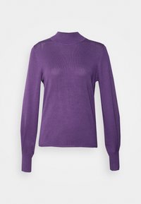 Fialový dlouhý rukáv top vyrobený z pletené látky s kulat ým výstřihem a přiléhavými rukávy. Vyznačuje se hladkou texturou a jednoduchým designem.