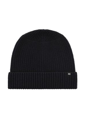 Szydełkowa czapka w ciemnym granacie, z prążkowaną teksturą i złożonym mankietem. Mała metka z logo znajduje się na mankiecie.