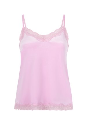 Rosa Satinkleid mit zarter Spitzeneinfassung entlang des Halsausschnitts und Saums. Verfügt über verstellbare Spaghettiträger und eine lockere Passform.