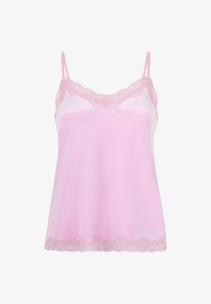 Roze satijnen cami met fijne kanten rand langs de halslijn en zoom. Voorzien van verstelbare spaghettibandjes en een losse pasvorm.