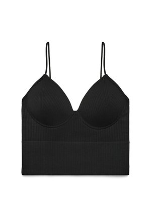 Czarny prążkowany biustonosz typu bralette z cienkimi regulowanymi ramiączkami, z trójkątnym kształtem miseczek i gładką, elastyczną taśmą na dole.